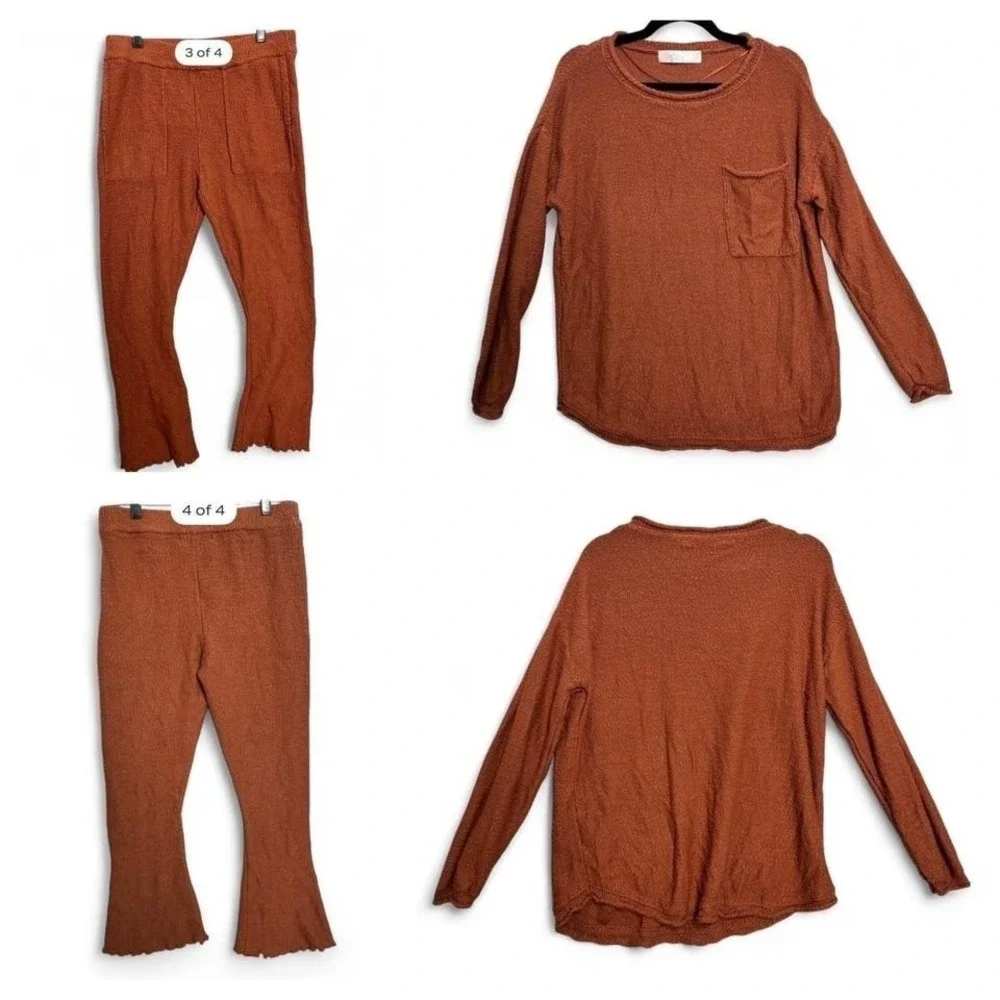 Free People Beach Rust Lounge Set Sz S Knit Sweater Flare Pants Boho Coastal